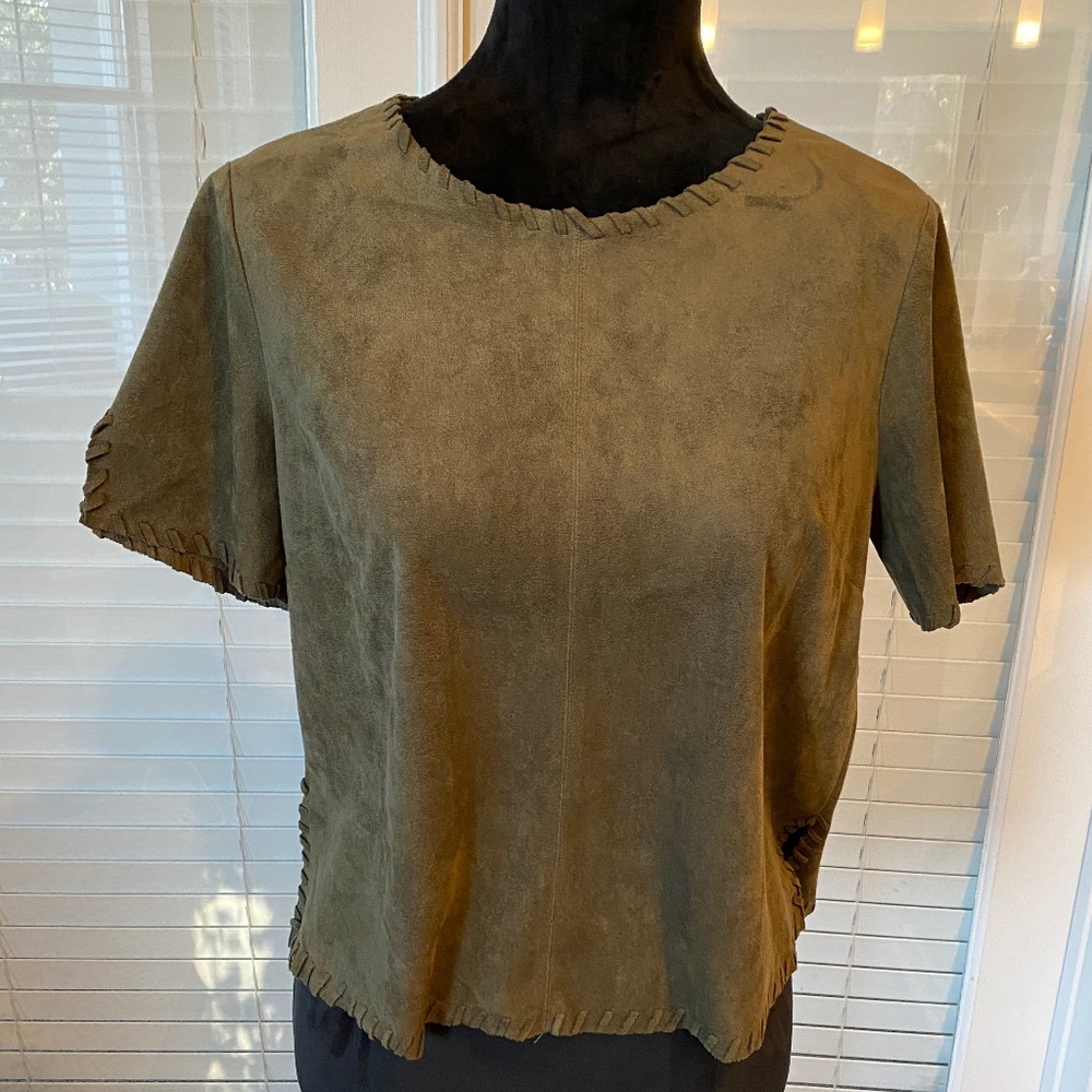 Impeccable Pig, Suede Olive Green Shirt, Size Small